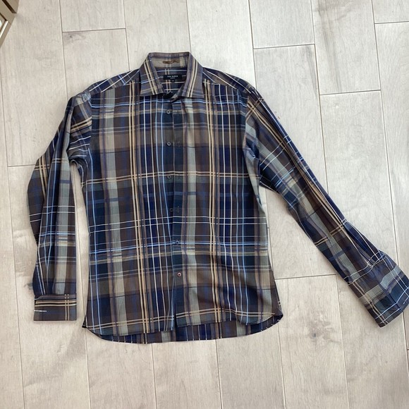 Ted Baker Blue and Brown Plaid Casual Button Down Shirt - Picture 2 of 8